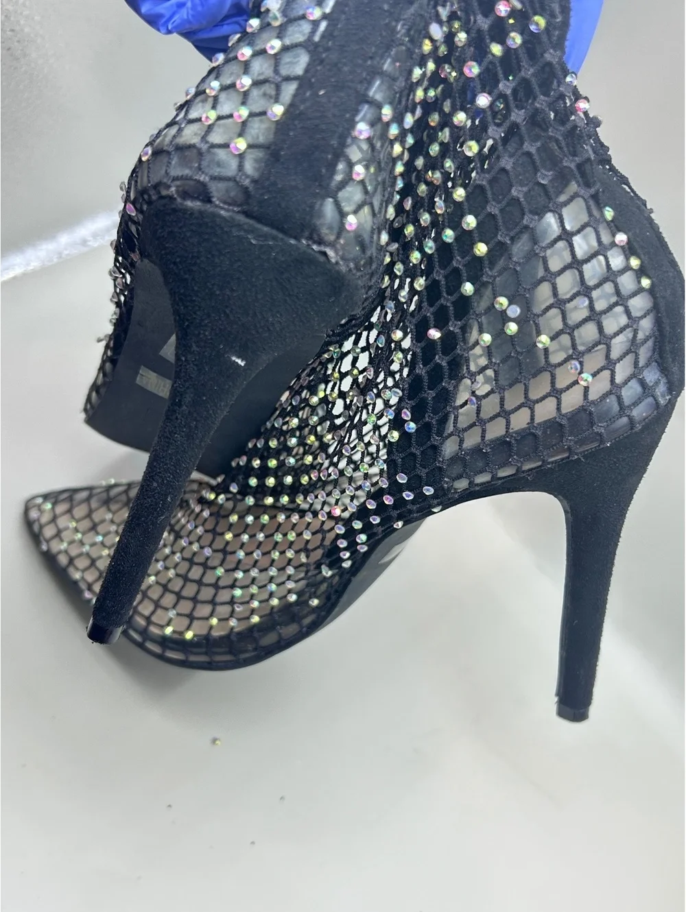 Black Rhinestone Mesh Ankle Boots Women's Size 8 Pointed Toe Stiletto Booties